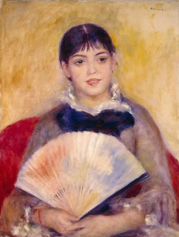 Girl with a Fan (1885) by Pierre-Auguste Renoir — original painting reproduced as a hand-painted oil on canvas