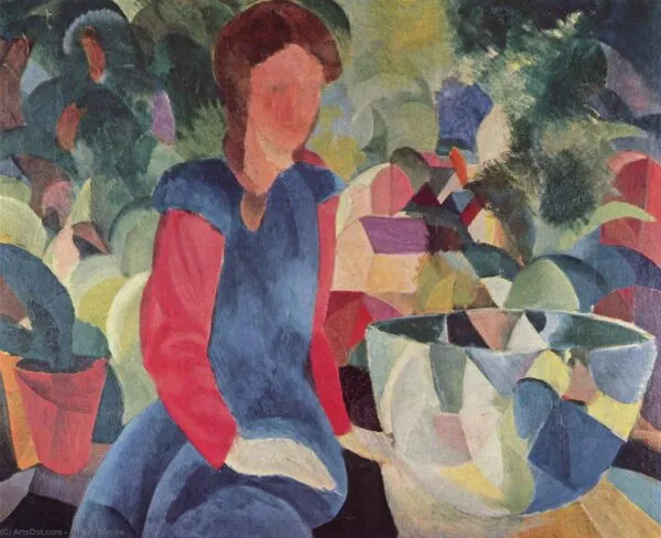 Girl with Fish Bowl (1914) by August Macke — original painting reproduced as a hand-painted oil on canvas