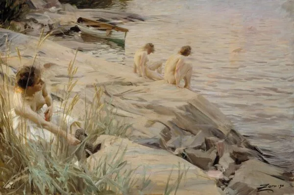 Girls Bathing in the Open Air (Out of Doors) ; Bathing Girls, Outside ; Outdoors (1890) by Anders Zorn — original painting reproduced as a hand-painted oil on canvas