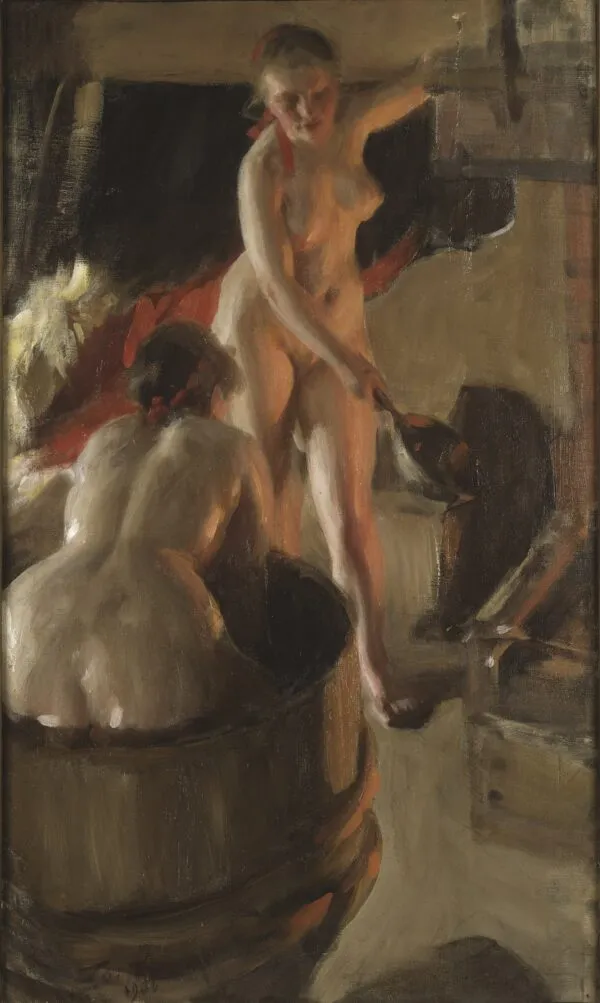 Girls from Dalarna in the sauna (1906) by Anders Zorn — original painting reproduced as a hand-painted oil on canvas