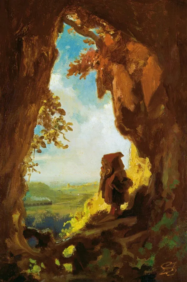 Gnome watching railway train (1848) by Carl Spitzweg — original painting reproduced as a hand-painted oil on canvas