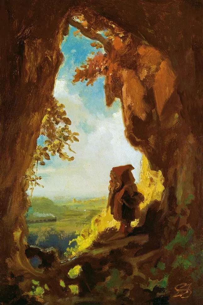 Gnome watching railway train (1848) by Carl Spitzweg — original painting reproduced as a hand-painted oil on canvas