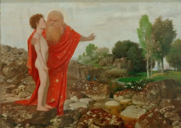 God father leading Adam into paradise (1871) by Arnold Böcklin — original painting reproduced as a hand-painted oil on canvas