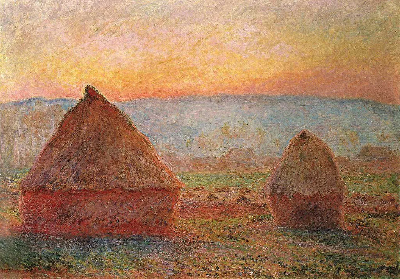 Grainstacks at Giverny the Evening Sun (1888) by Claude Monet — original painting reproduced as a hand-painted oil on canvas