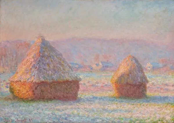 Grainstacks, White Frost Effect (1888) by Claude Monet — original painting reproduced as a hand-painted oil on canvas