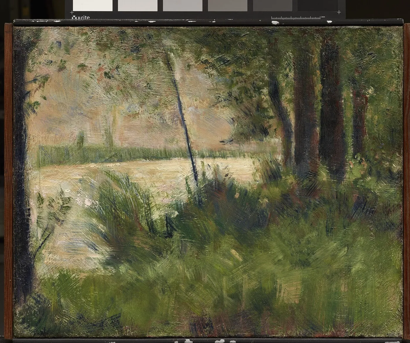 Grassy Riverbank (1881) by Georges Seurat — original painting reproduced as a hand-painted oil on canvas