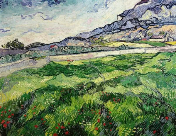 Green Wheat Field (1889) by Vincent van Gogh — original painting reproduced as a hand-painted oil on canvas