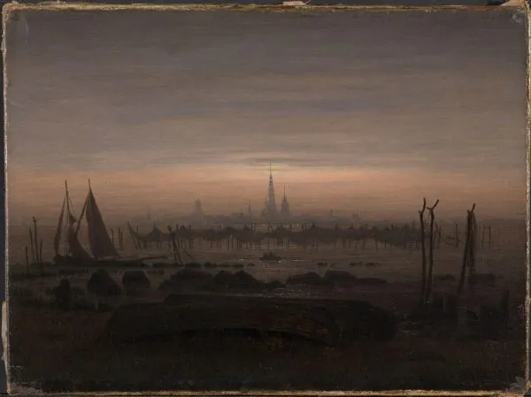 Greifswald in moonlight (1817) by Caspar David Friedrich — original painting reproduced as a hand-painted oil on canvas