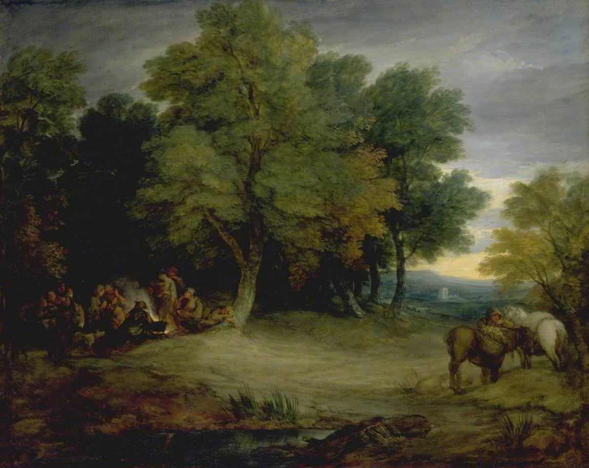Gypsy Encampment, Sunset (1779) by Thomas Gainsborough — original painting reproduced as a hand-painted oil on canvas