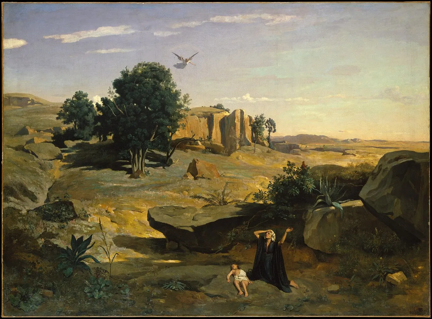 Hagar in the Wilderness (1835) by Jean-Baptiste Camille Corot — original painting reproduced as a hand-painted oil on canvas