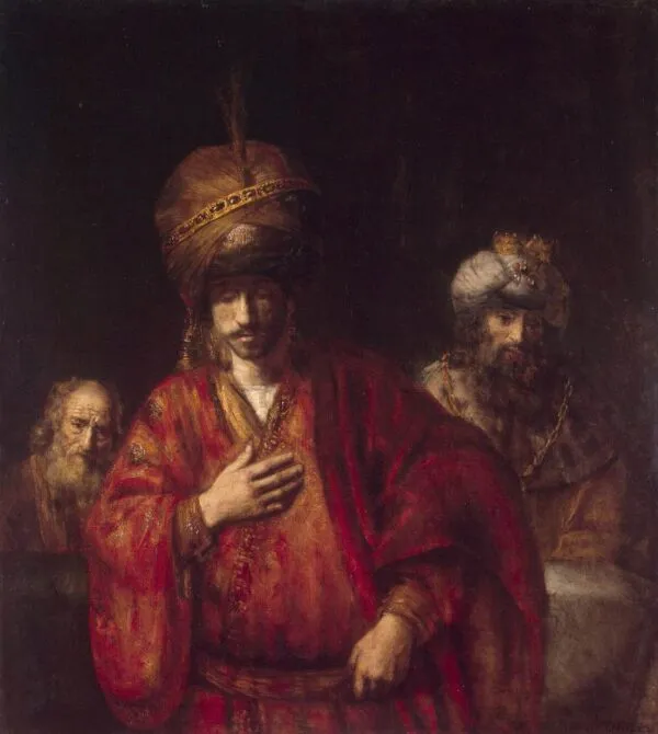 Haman recognizes his fate (1650) by Rembrandt — original painting reproduced as a hand-painted oil on canvas