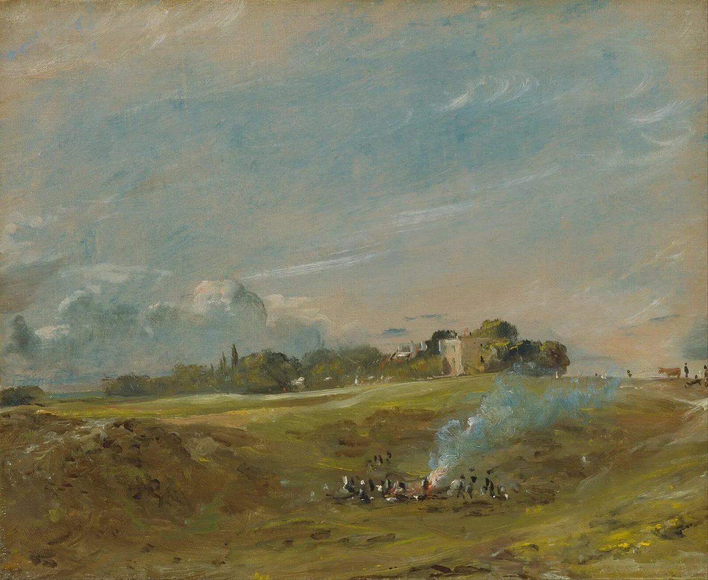 Hampstead Heath, with a Bonfire (1822) by John Constable — original painting reproduced as a hand-painted oil on canvas