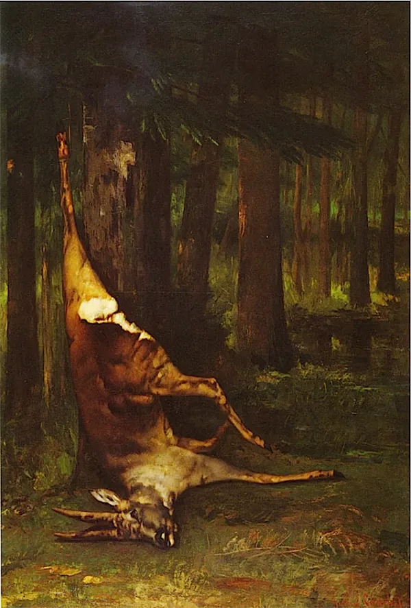 Hanging roe deer (1858) by Gustave Courbet — original painting reproduced as a hand-painted oil on canvas