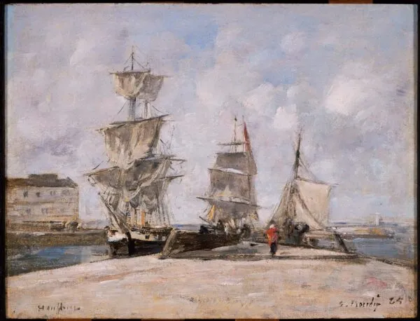 Harbor at Honfleur (1865) by Eugène Louis Boudin — original painting reproduced as a hand-painted oil on canvas