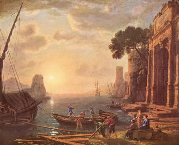 Harbour at Sunset (1634) by Claude Lorrain — original painting reproduced as a hand-painted oil on canvas
