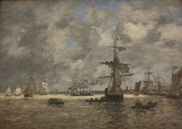 harbour of Antwerpen (1876) by Eugène Louis Boudin — original painting reproduced as a hand-painted oil on canvas