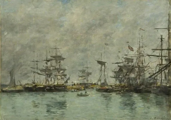 Harbour Scene (1873) by Eugène Louis Boudin — original painting reproduced as a hand-painted oil on canvas