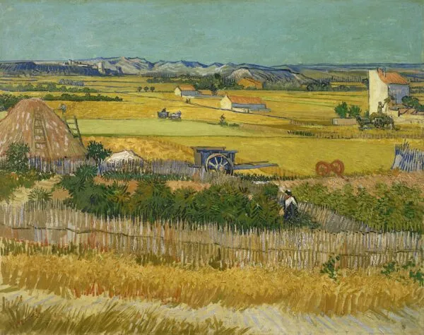 Harvest at La Crau, with Montmajour in the Background (1888) by Vincent van Gogh — original painting reproduced as a hand-painted oil on canvas
