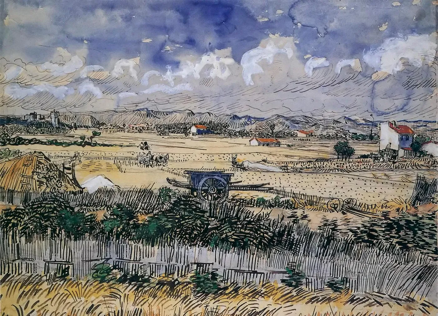 Harvest Landscape by Vincent van Gogh — original watercolour reproduced as a hand-painted oil on canvas