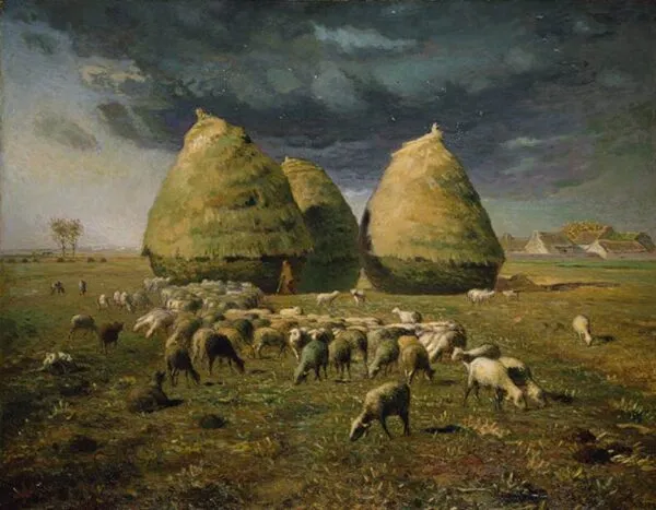 Haystacks: Autumn (1874) by Jean-François Millet — original painting reproduced as a hand-painted oil on canvas