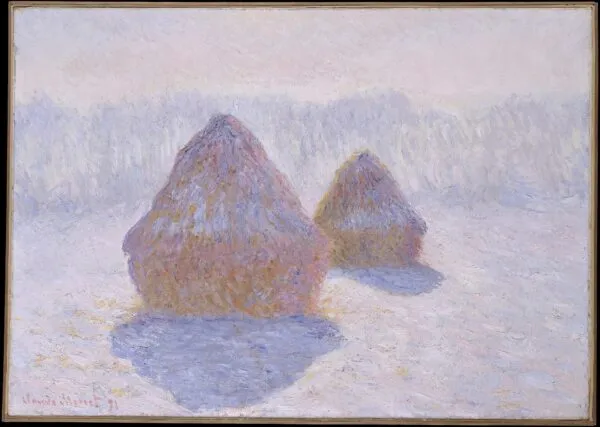 Haystacks (Effect of Snow and Sun) (1891) by Claude Monet — original painting reproduced as a hand-painted oil on canvas