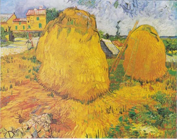 Haystacks in Provence (1888) by Vincent van Gogh — original painting reproduced as a hand-painted oil on canvas