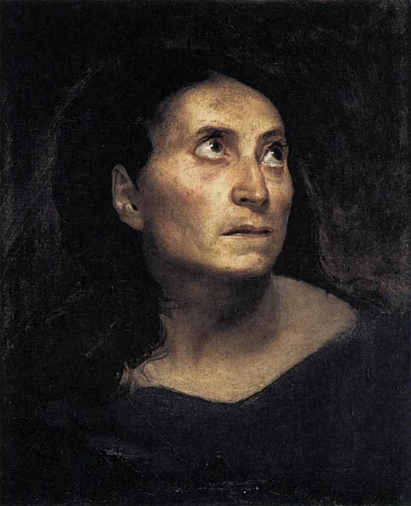 Head of a Woman (1822) by Eugène Delacroix — original painting reproduced as a hand-painted oil on canvas