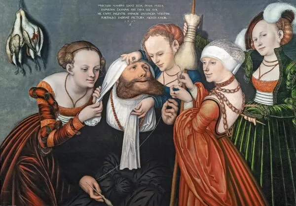 Hercules at the court of Omphale (1537) by Lucas Cranach the Elder — original painting reproduced as a hand-painted oil on canvas