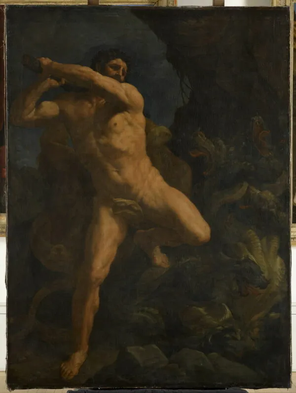 Hercules Slaying the Hydra of Lerna (1617) by Guido Reni — original painting reproduced as a hand-painted oil on canvas