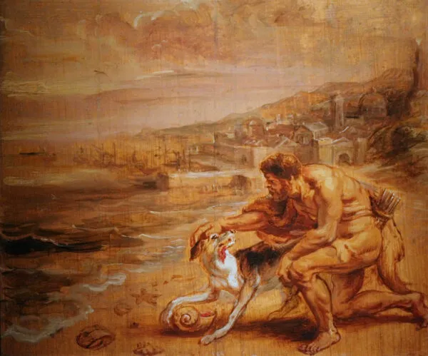 Hercules's dog discovers tyrian purple (1636) by Peter Paul Rubens — original painting reproduced as a hand-painted oil on canvas