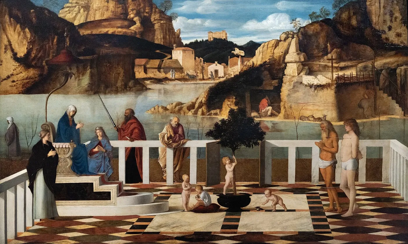 Holy Allegory (1490) by Giovanni Bellini — original painting reproduced as a hand-painted oil on canvas