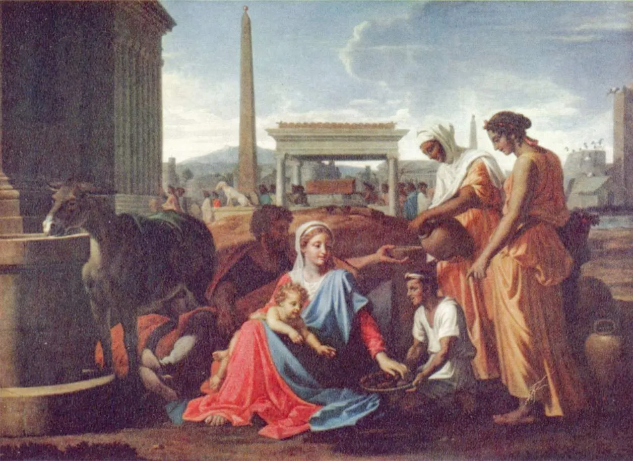 Holy Family in Egypt (1656) by Nicolas Poussin — original painting reproduced as a hand-painted oil on canvas