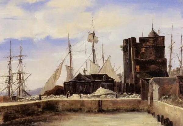 Honfleur, the old quai (1824) by Jean-Baptiste Camille Corot — original painting reproduced as a hand-painted oil on canvas