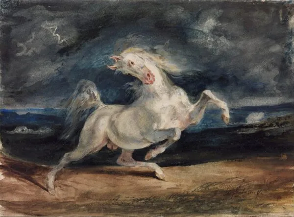 Horse Frightened by Lightning (1824) by Eugène Delacroix — original painting reproduced as a hand-painted oil on canvas