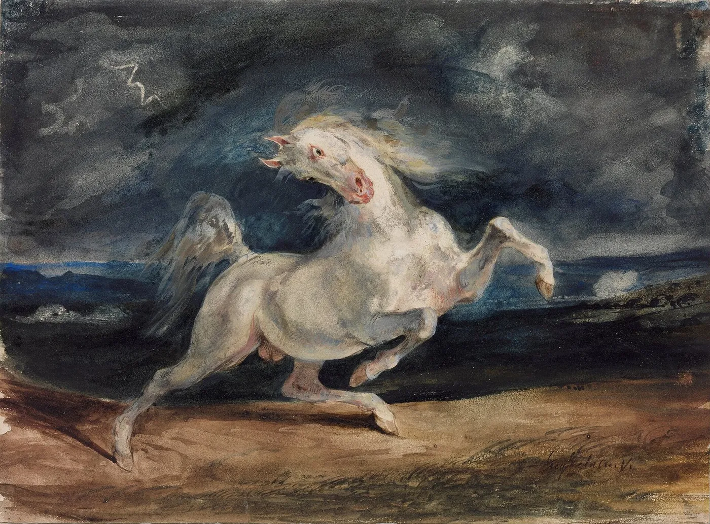 Horse Frightened by Lightning (1824) by Eugène Delacroix — original painting reproduced as a hand-painted oil on canvas