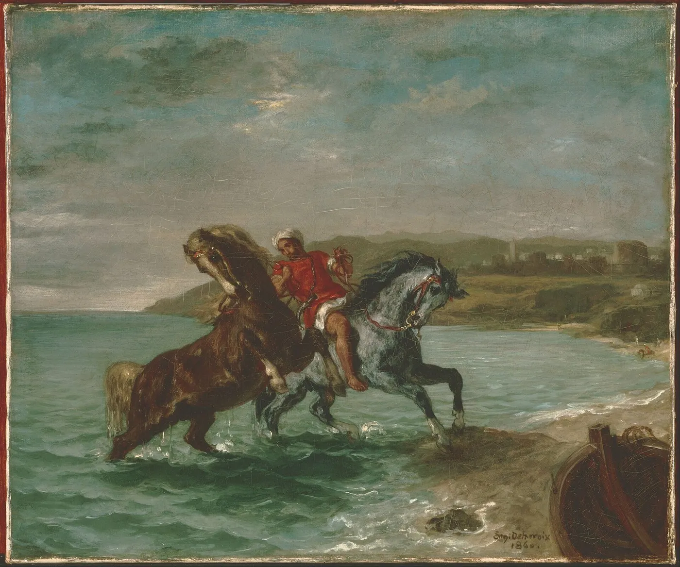 Horses Coming Out of the Sea (1860) by Eugène Delacroix — original painting reproduced as a hand-painted oil on canvas