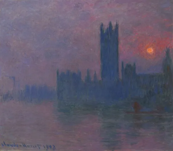 Houses of Parliament, Sunset (1903) by Claude Monet — original painting reproduced as a hand-painted oil on canvas