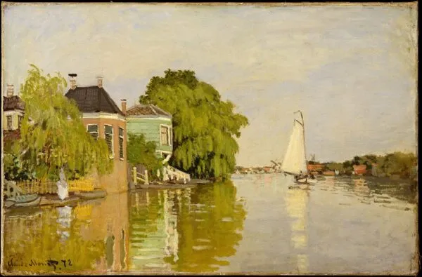Houses on the Achterzaan (1871) by Claude Monet — original painting reproduced as a hand-painted oil on canvas