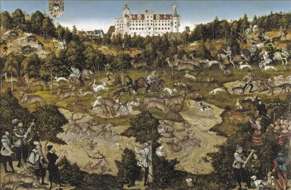 Hunt at the Castle of Torgau in honour of Charles V (1544) by Lucas Cranach the Elder — original painting reproduced as a hand-painted oil on canvas
