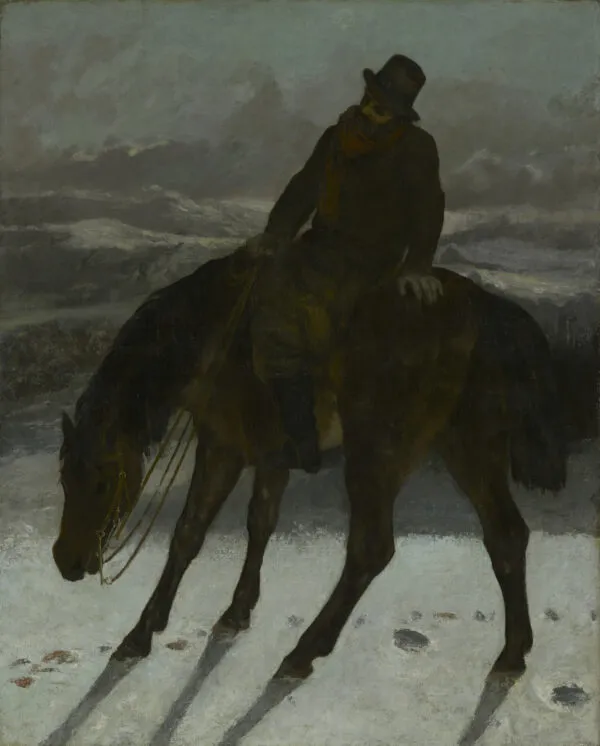 Hunter on Horseback (1864) by Gustave Courbet — original painting reproduced as a hand-painted oil on canvas