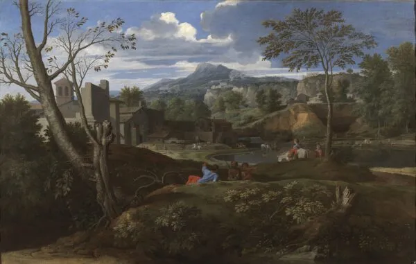 Ideal landscape (1648) by Nicolas Poussin — original painting reproduced as a hand-painted oil on canvas
