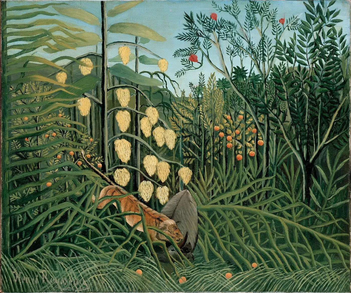 In a Tropical Forest. Struggle between Tiger and Bull (1908) by Henri Rousseau — original painting reproduced as a hand-painted oil on canvas