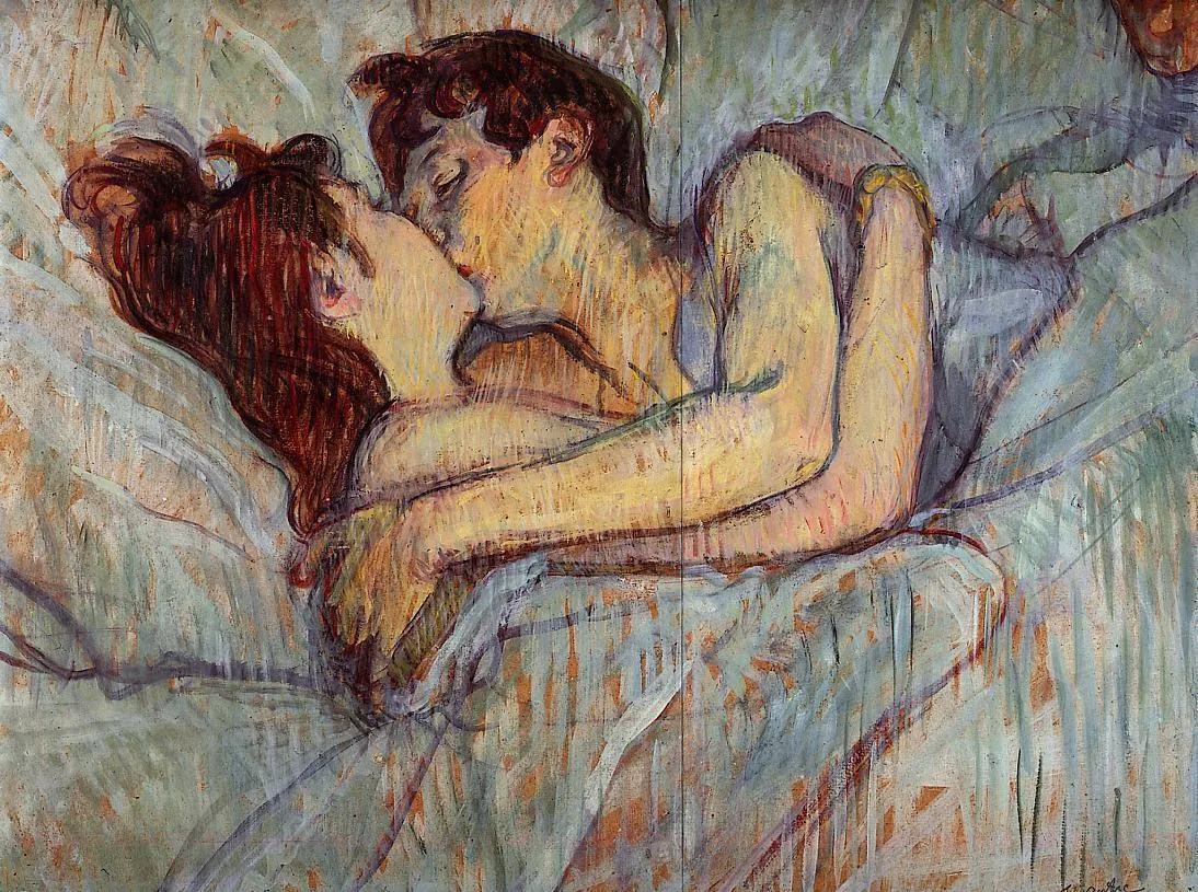 In bed - the kiss (1892) by Henri de Toulouse-Lautrec — original painting reproduced as a hand-painted oil on canvas