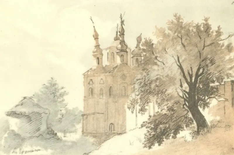 In Hustyn: Church of Peter and Paul (1845) by Taras Shevchenko — original painting reproduced as a hand-painted oil on canvas