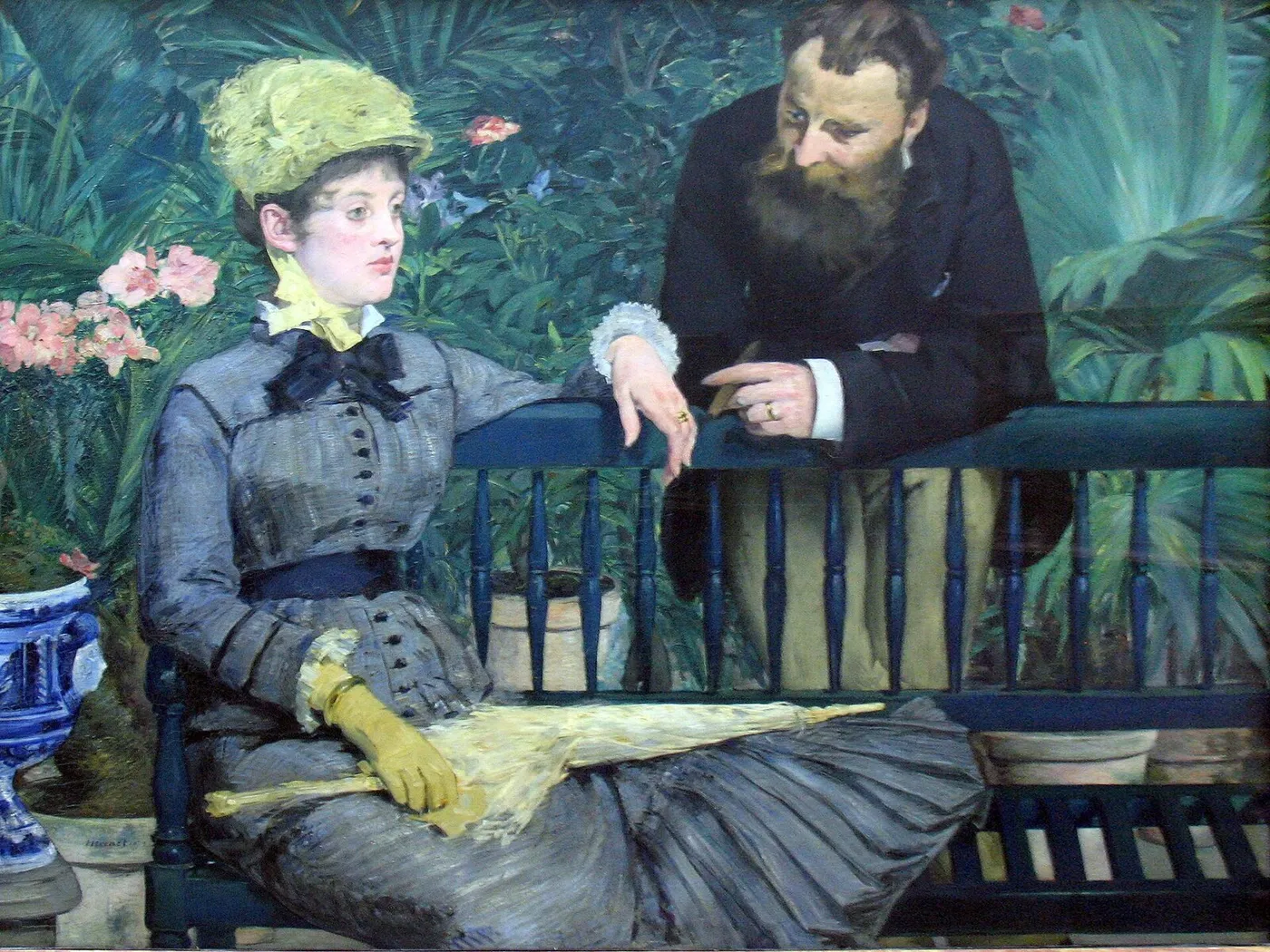 In the Conservatory (1878) by Édouard Manet — original painting reproduced as a hand-painted oil on canvas