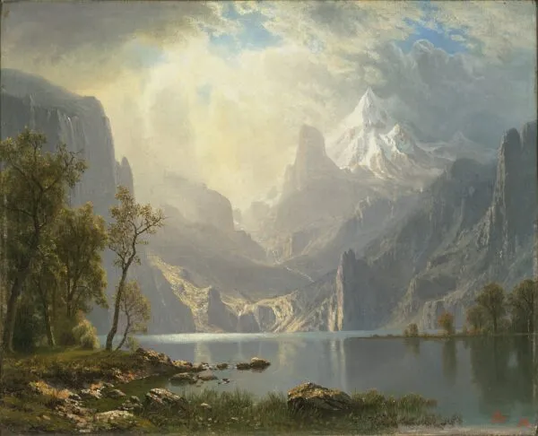 In the Sierras (1868) by Albert Bierstadt — original painting reproduced as a hand-painted oil on canvas