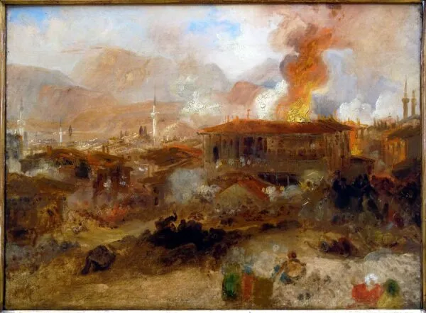 Incendie à Constantinople (1834) by J. M. W. Turner — original painting reproduced as a hand-painted oil on canvas
