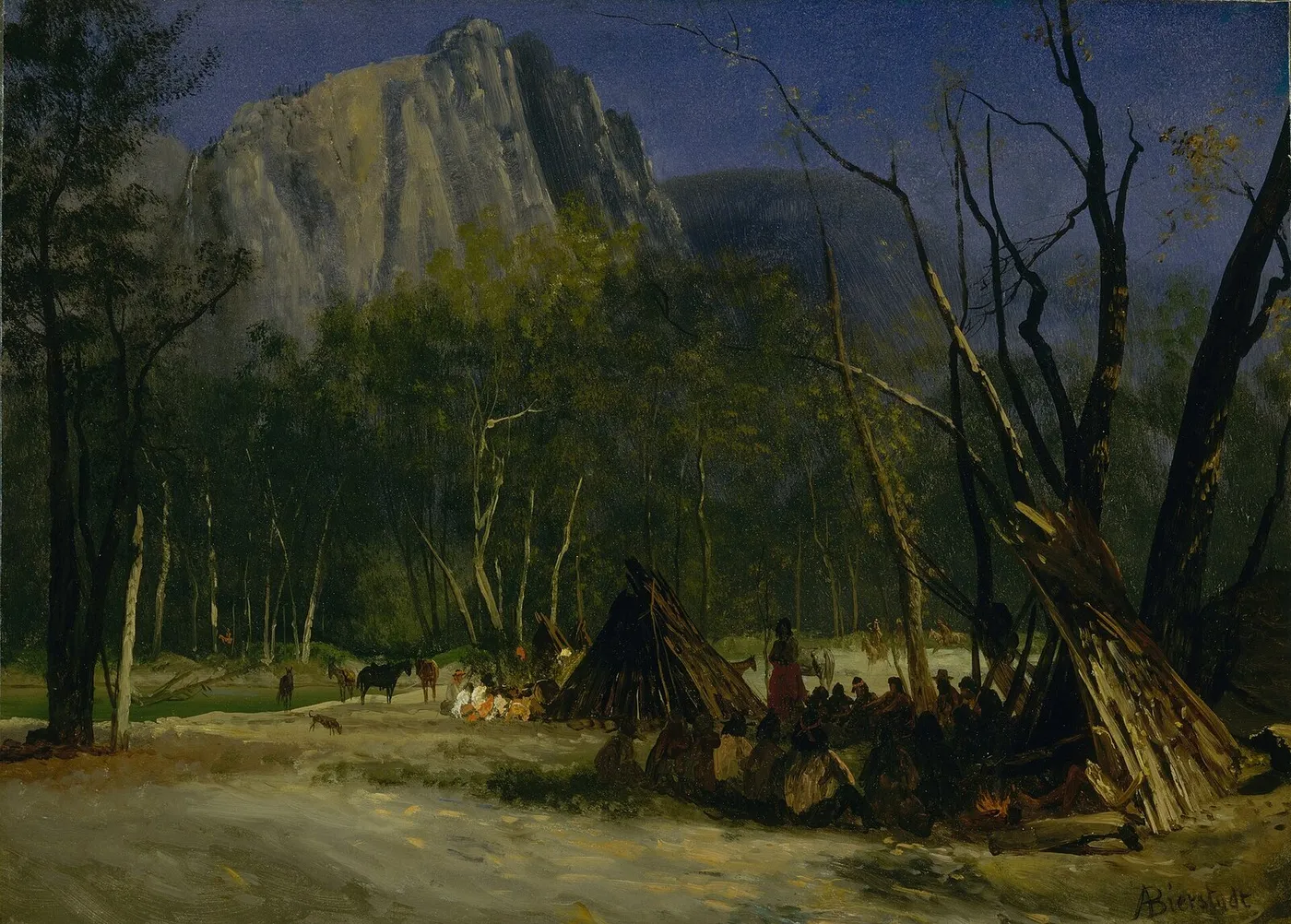 Indians in Council, California (1872) by Albert Bierstadt — original painting reproduced as a hand-painted oil on canvas