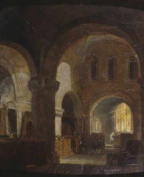 Interior of a Romanesque Church (1797) by J. M. W. Turner — original painting reproduced as a hand-painted oil on canvas