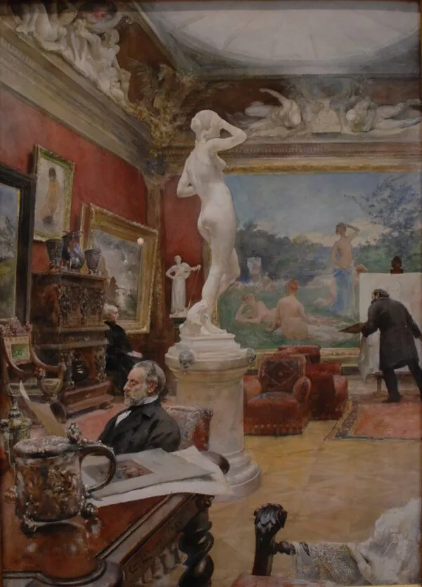 Interior of the Fürstenberg Gallery (1885) by Carl Larsson — original watercolour reproduced as a hand-painted oil on canvas